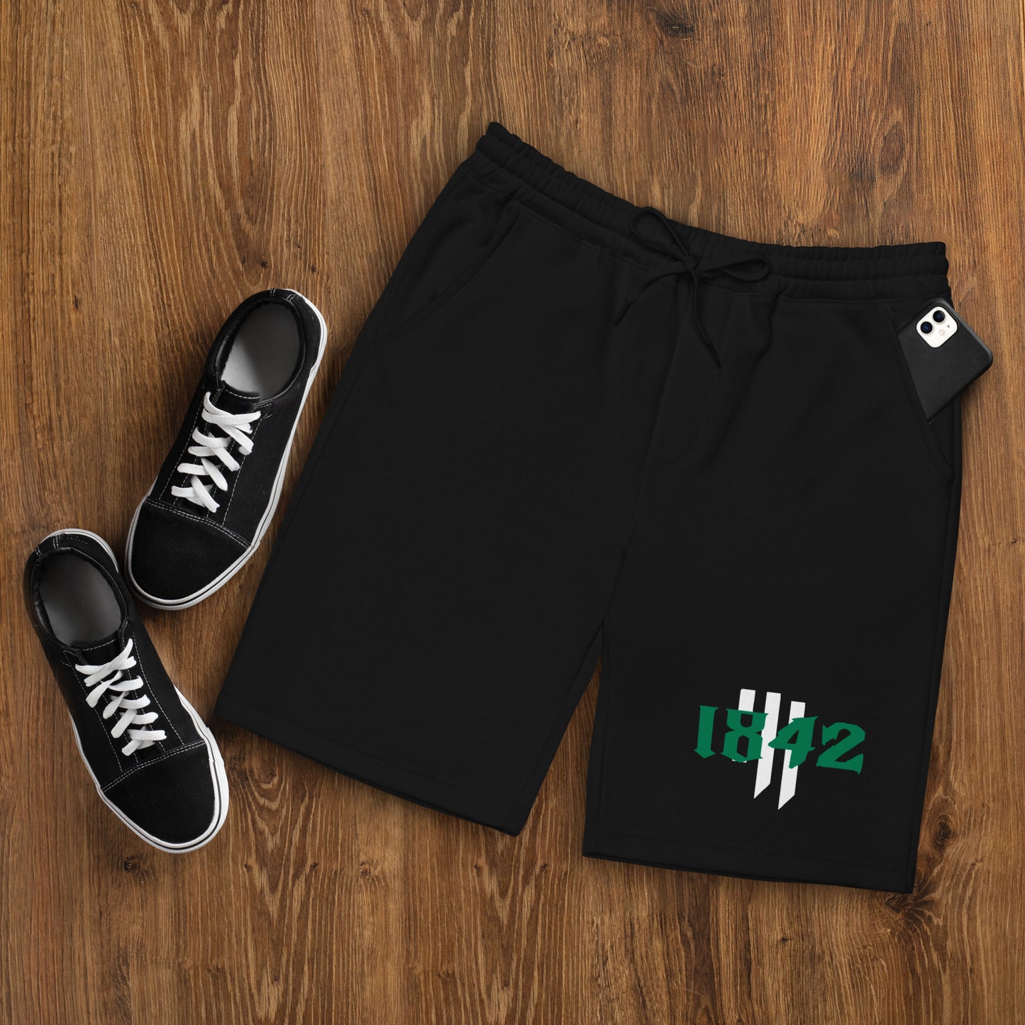 1842 green n white Men's fleece shorts